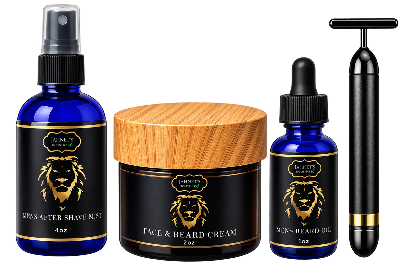 Jahnet’s Holistics men’s skincare and beard care collection featuring after shave mist, face and beard cream, beard oil and men’s grooming tool.