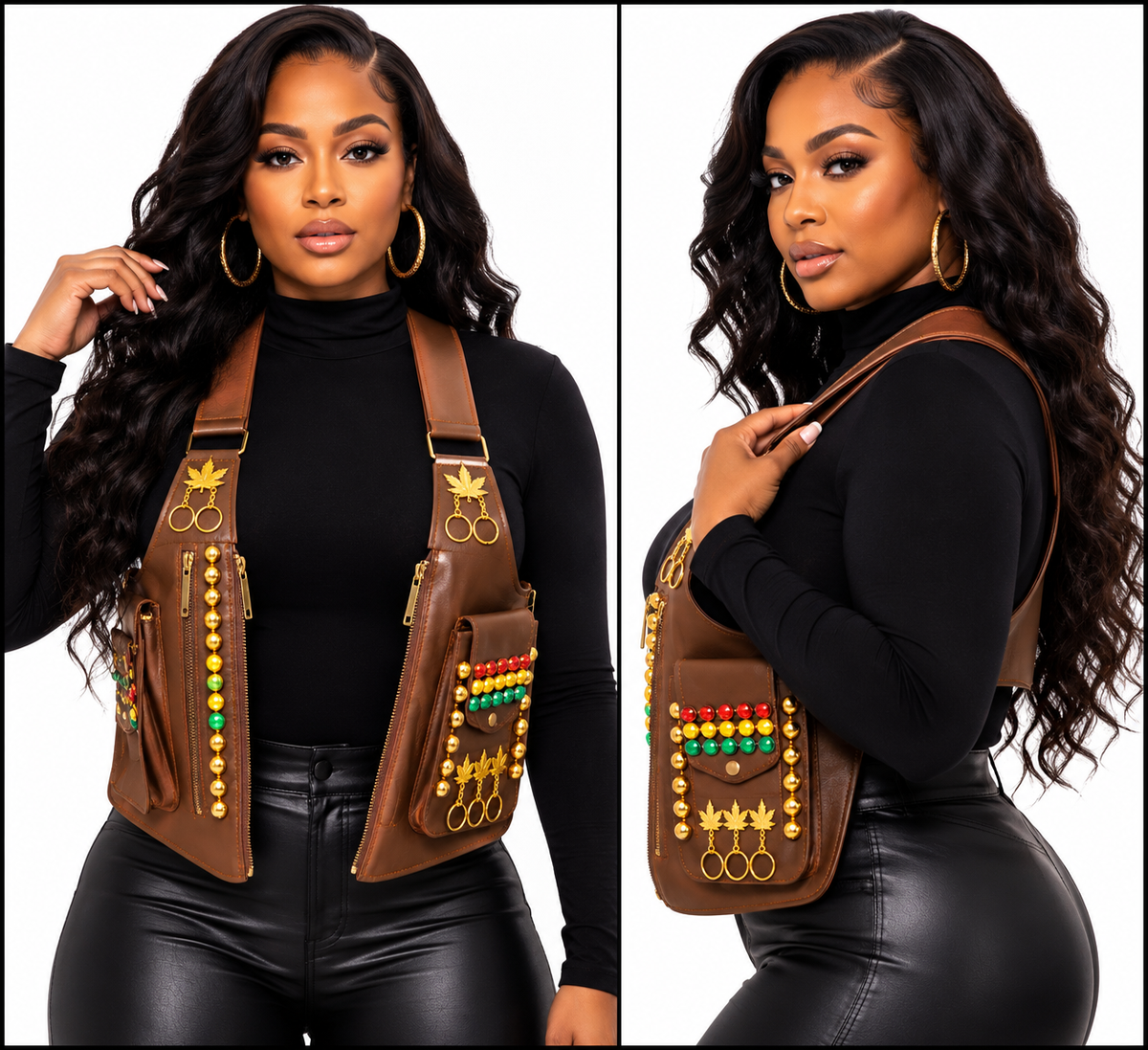 Royal Roots Embellished Utility Vest – Brown & Gold