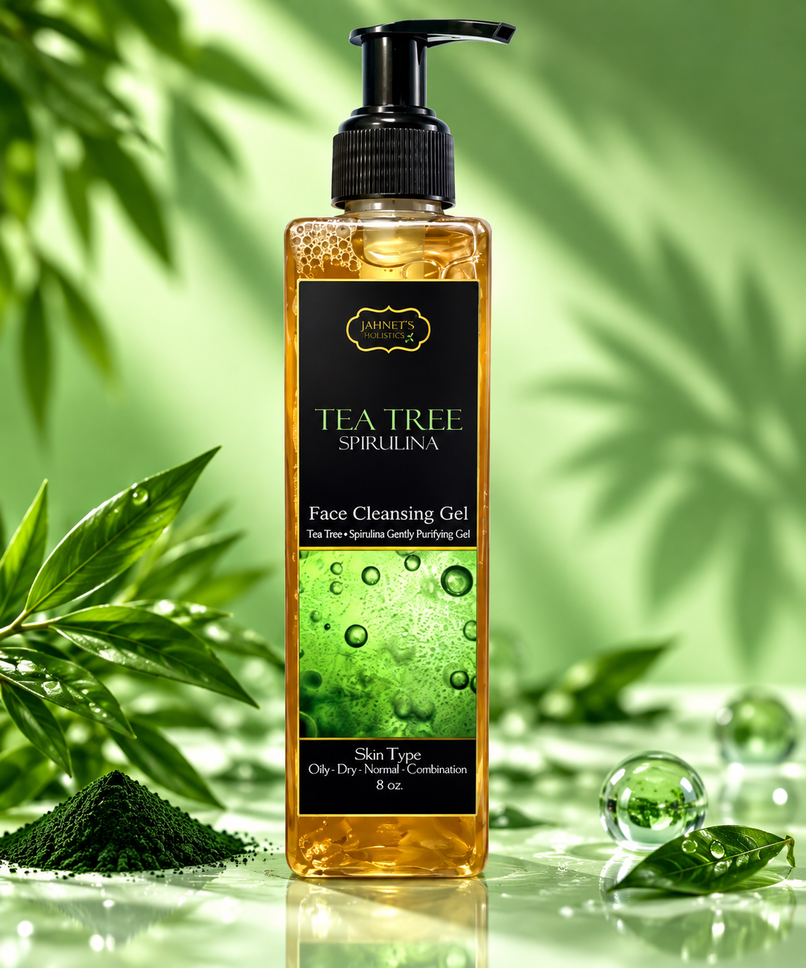 Tea Tree Spirulina Face Cleansing Gel | Acne Control Cleanser for Oily Skin | Natural Detox Face Wash | Plant-Based Pore Cleanser