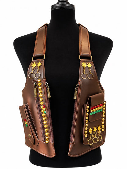 Royal Roots Embellished Utility Vest – Brown & Gold