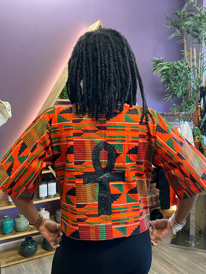 ORANGE ANKH KENTE TOP