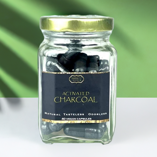Activated charcoal supplement capsules for natural detox, bloating relief, and digestive health support”