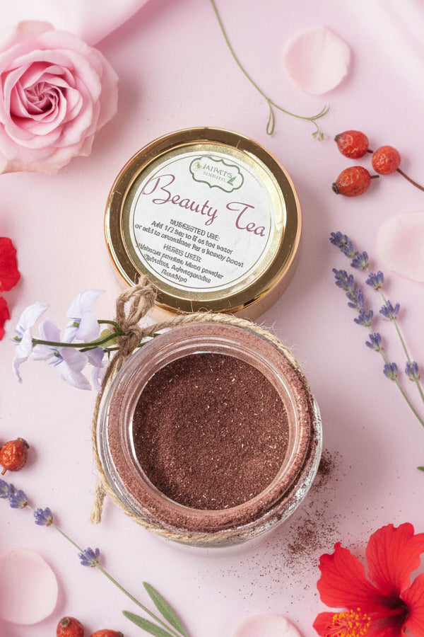 Plant-based beauty tea with hibiscus, maca, spirulina, ashwagandha, and rosehips for glowing skin and wellness.”
