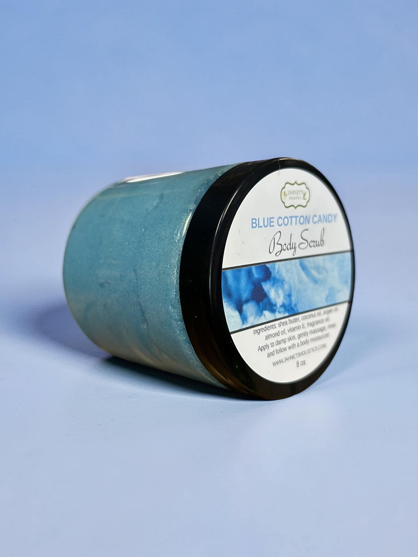 Blue Cotton Candy Body Scrub by Jahnet’s Holistics, vegan exfoliating sugar scrub for soft, smooth, hydrated, glowing skin.
