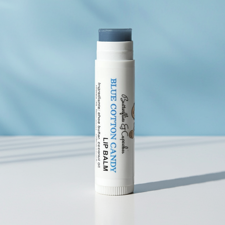     Blue cotton candy flavored vegan lip balm for soft hydrated lips”