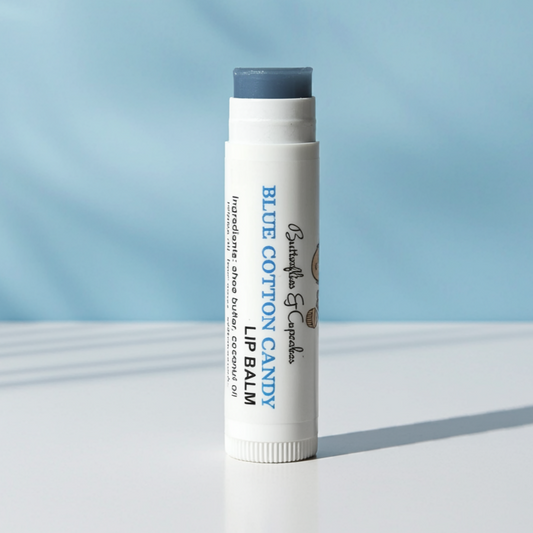     Blue cotton candy flavored vegan lip balm for soft hydrated lips”