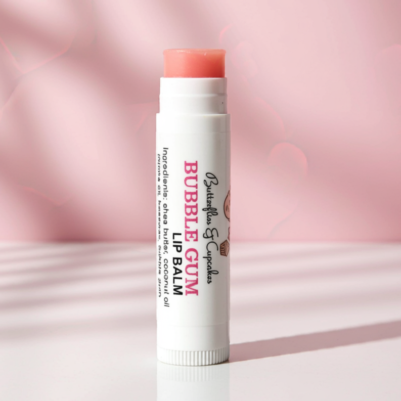 Bubble gum flavored lip balm for soft hydrated lips”