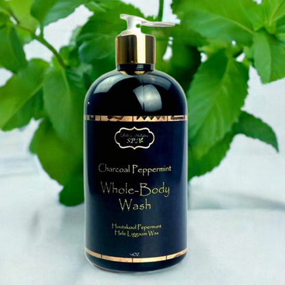 Natural charcoal peppermint body wash for acne, odor control, and dark spots