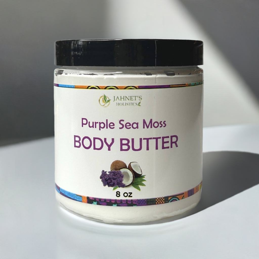 Holistic skincare brand purple sea moss body butter product packaging for natural body care and hydration