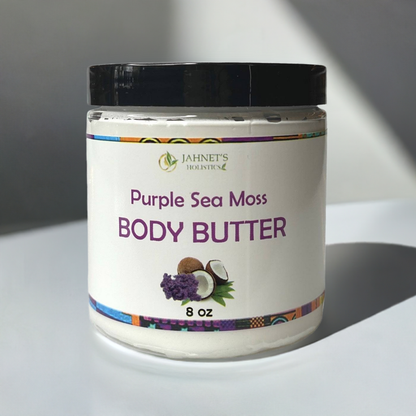 Holistic skincare brand purple sea moss body butter product packaging for natural body care and hydration