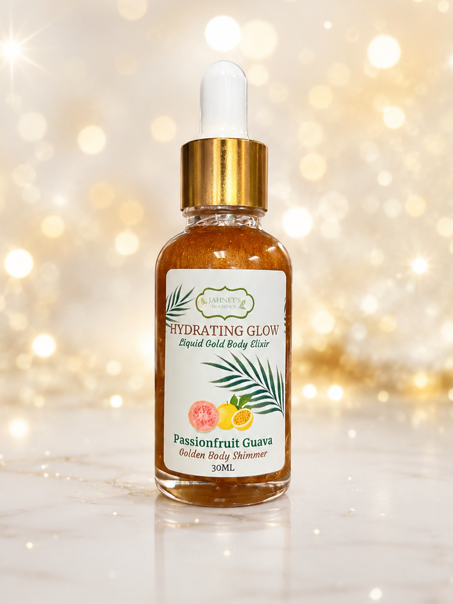 Hydrating Glow Liquid Gold Body Elixir by Jahnet’s Holistics for soft, radiant, moisturized skin with a healthy golden glow.