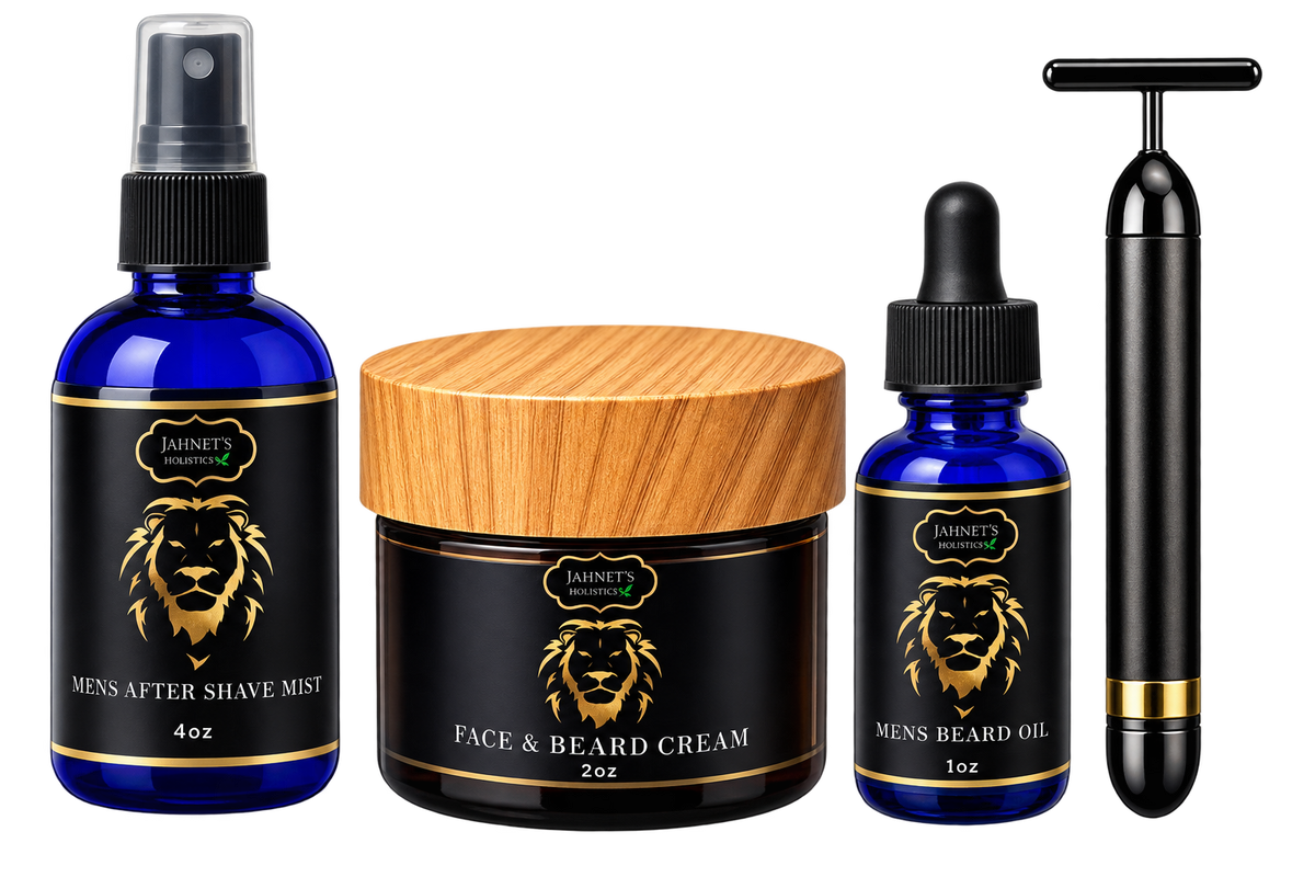 Jahnet’s Holistics men’s skincare and beard care collection featuring after shave mist, face and beard cream, beard oil and men’s grooming tool.