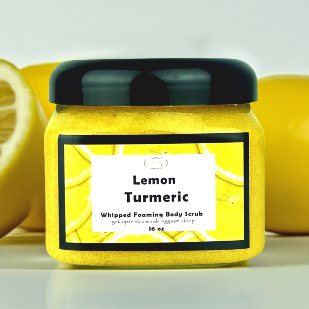 Plant-based lemon turmeric body scrub for brightening skin and reducing dark spots”