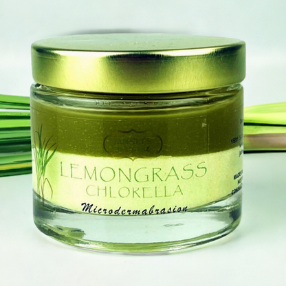     Natural lemongrass chlorella microdermabrasion scrub for dark spots and glowing skin”