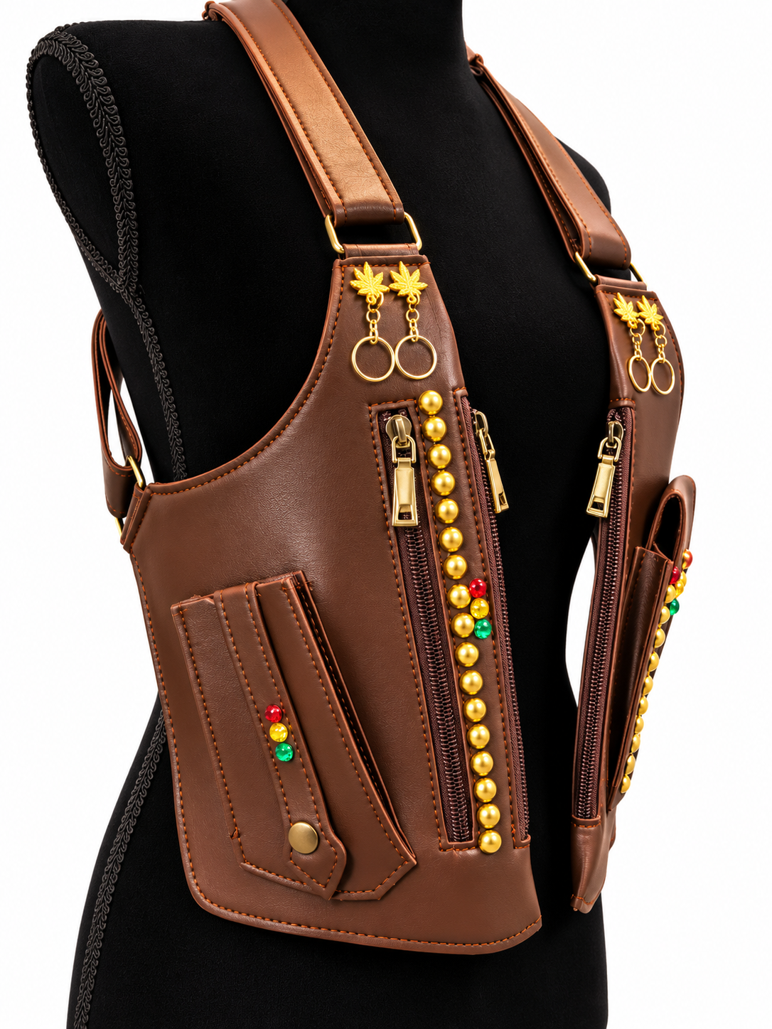Royal Roots Embellished Utility Vest – Brown & Gold