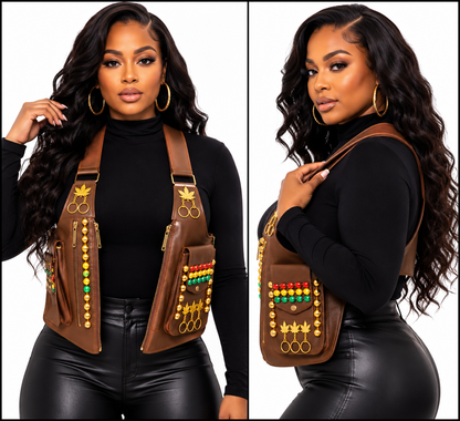 Royal Roots Embellished Utility Vest – Brown & Gold