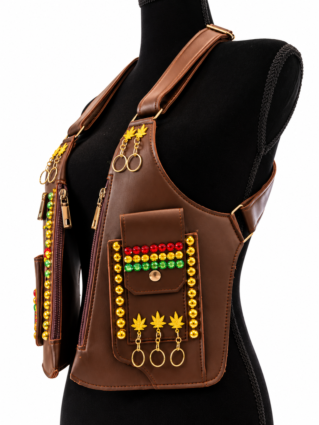 Royal Roots Embellished Utility Vest – Brown & Gold