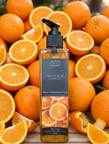 Orange turmeric face cleansing gel for brightening dark spots and acne naturally”