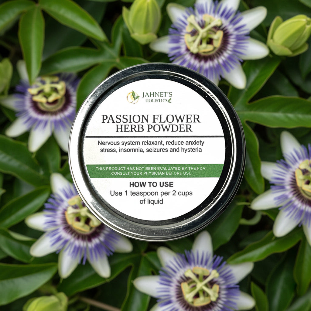 Passionflower herb powder used as a natural sleep and relaxation herbal supplement for calming stress and anxiety”