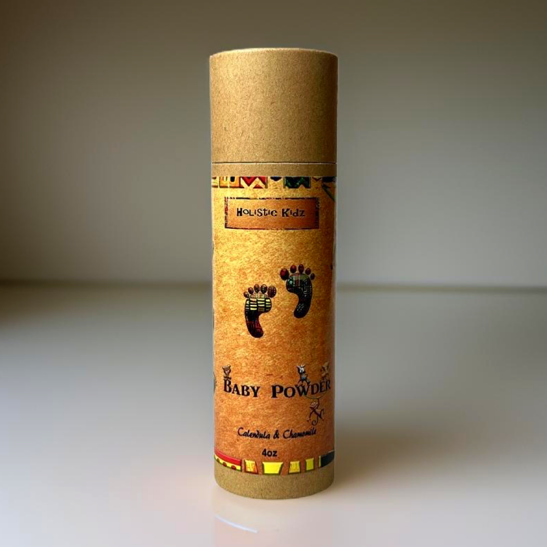 Talc-free plant-based baby powder with arrowroot powder, calendula and chamomile for sensitive baby skin