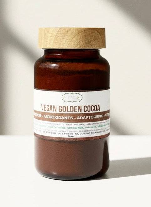 Vegan cocoa powder blended with cinnamon, turmeric, maca, and ashwagandha for plant-based wellness and energy support.
